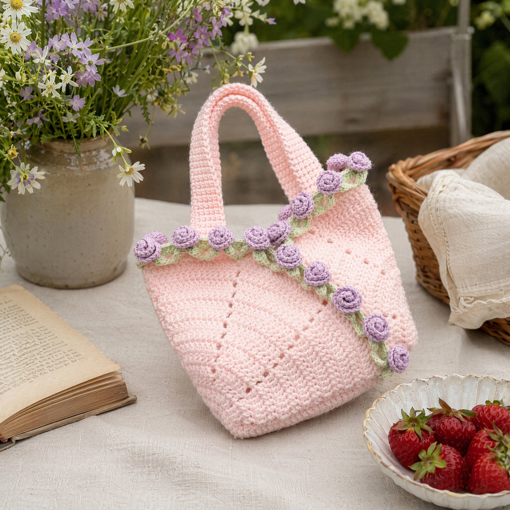 Rose Hand Knitting Yarn Crochet Woven Floral Bouquet Bag