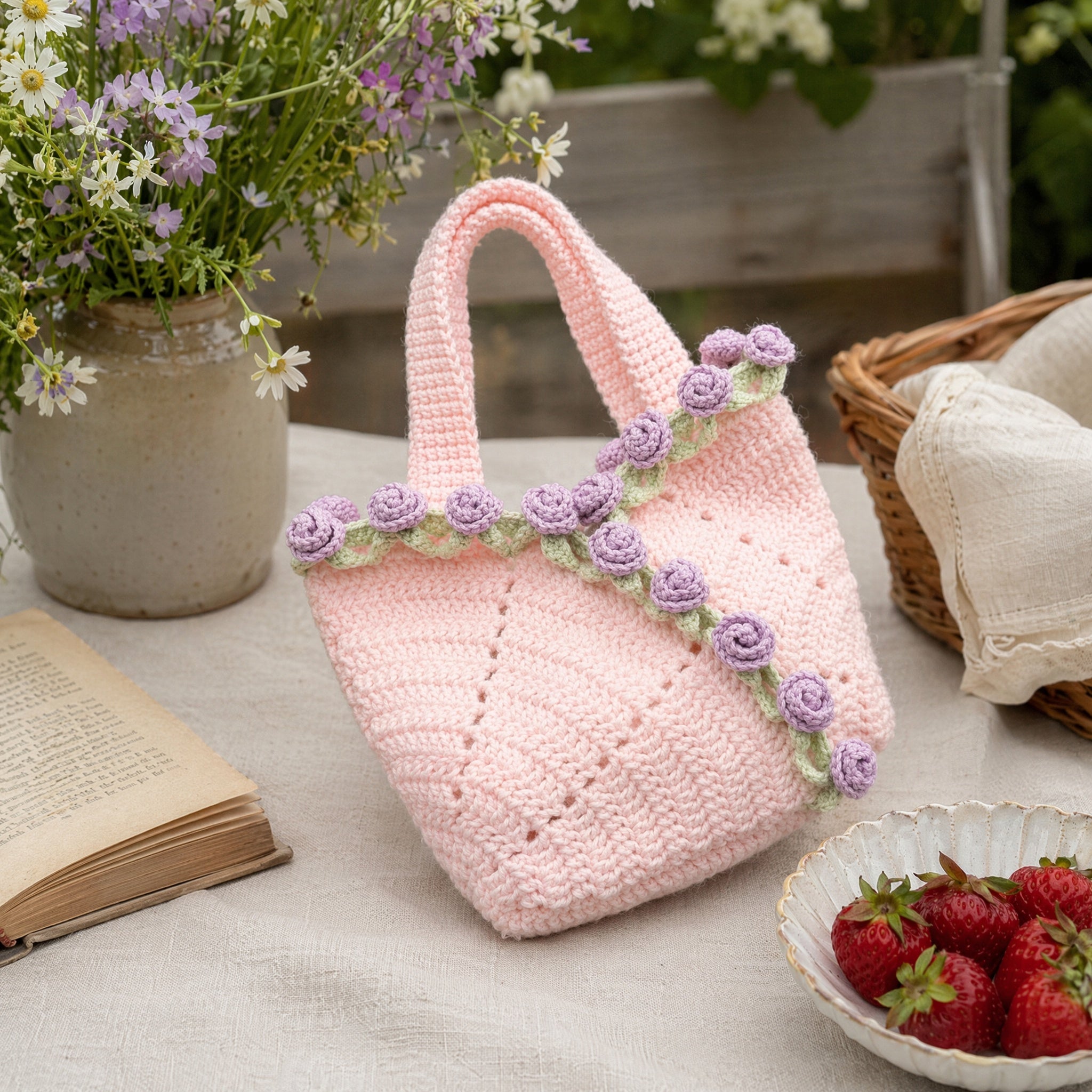 Rose Hand Knitting Yarn Crochet Woven Floral Bouquet Bag