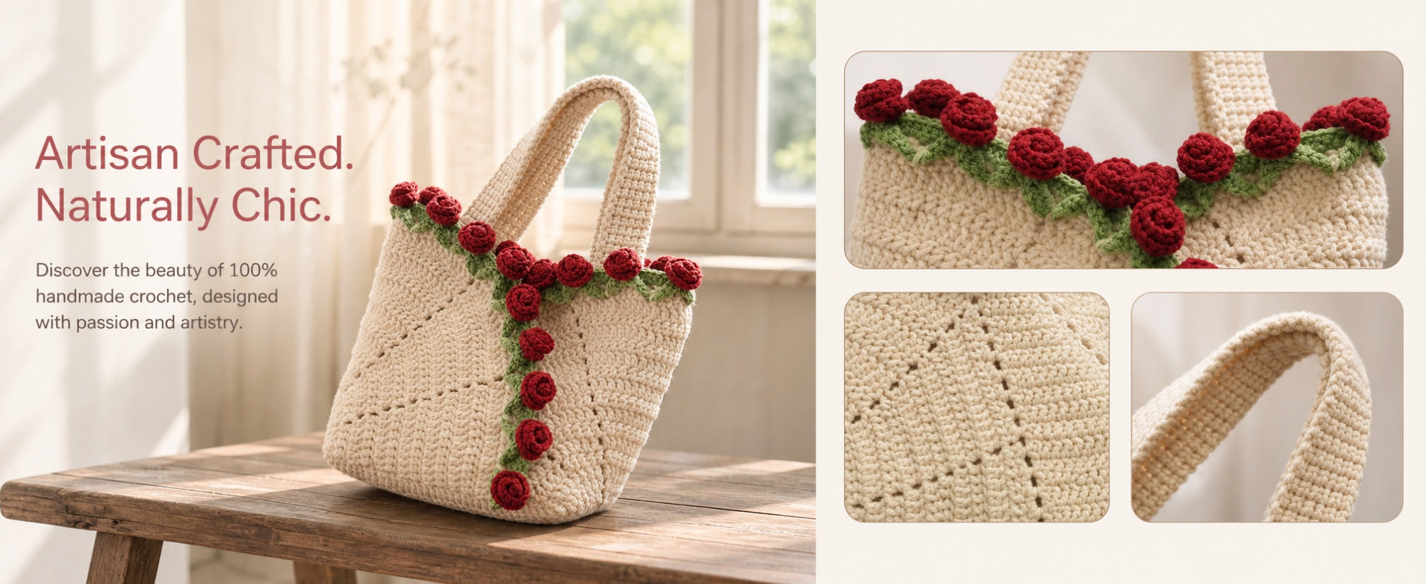 Rose Hand Knitting Yarn Crochet Woven Floral Bouquet Bag