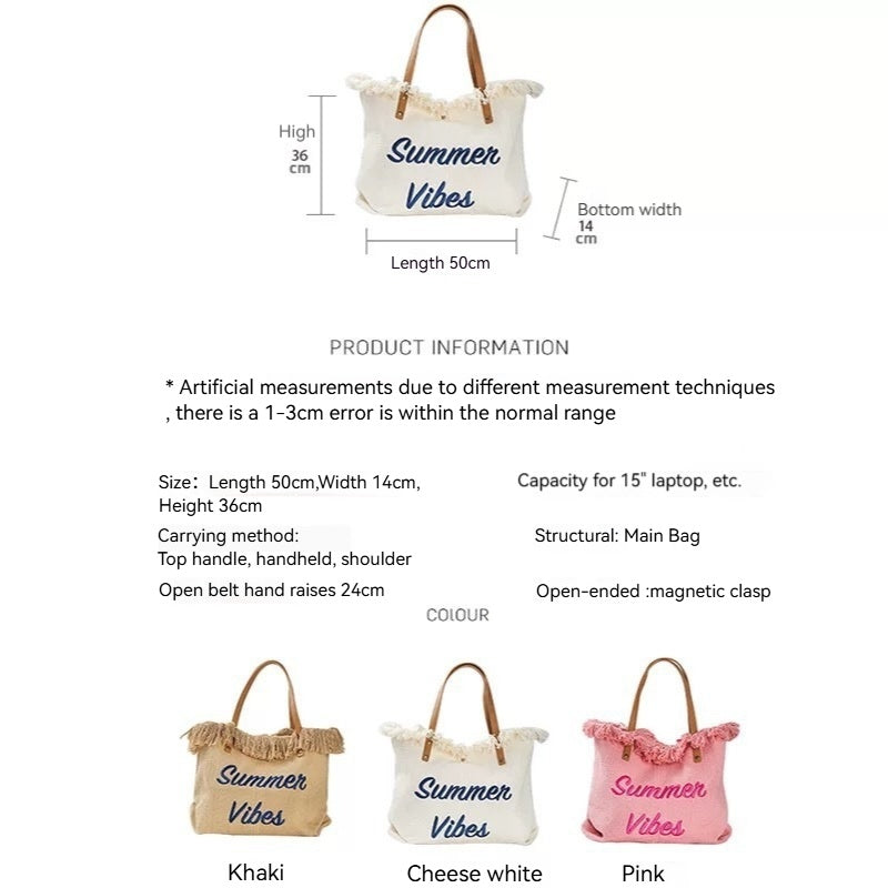 Women Large Canvas Embroidered Letter Tote Handheld Woven Beach Bag