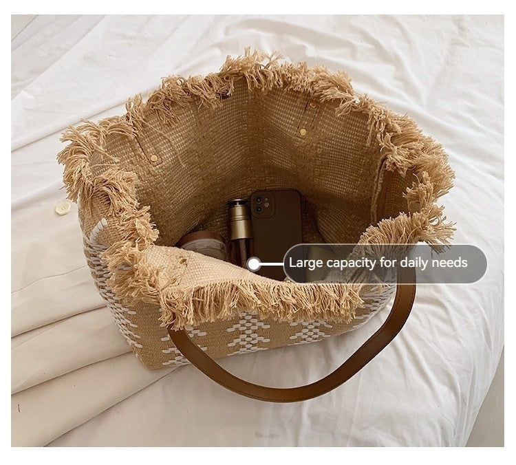 Women Large Canvas Tote 2026 New Tassel Cotton Linen Woven Minimalist Shoulder Bag