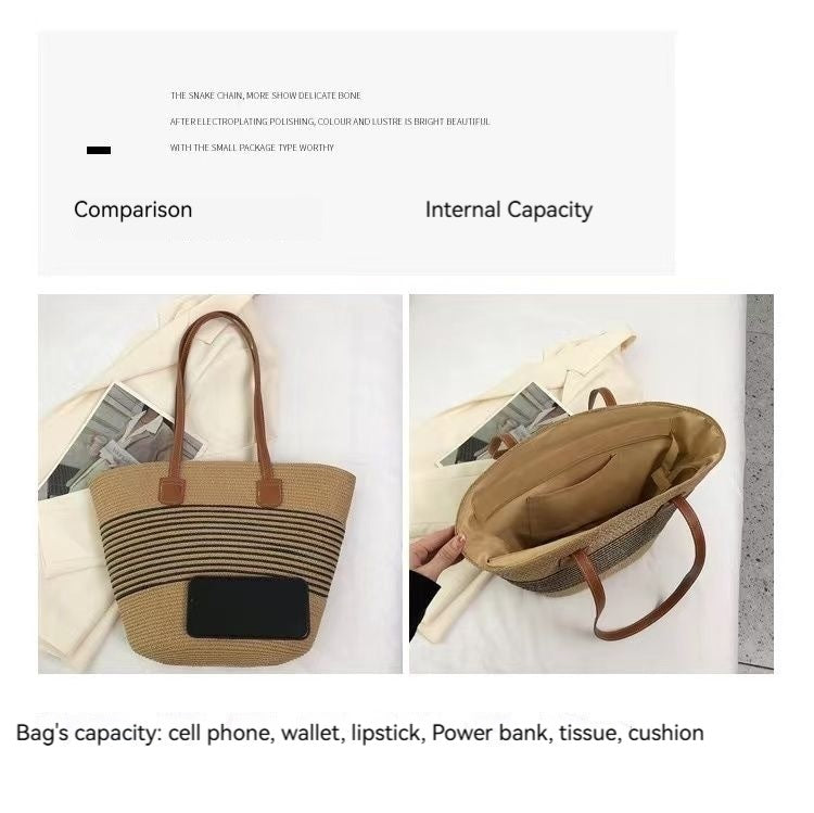 Women Straw Beach Black Stripe 2026 New Casual Summer Shoulder Tote Bag