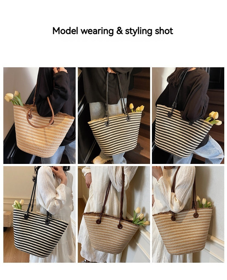 Women Unique Woven Large Striped Handheld Rustic Beach Bag