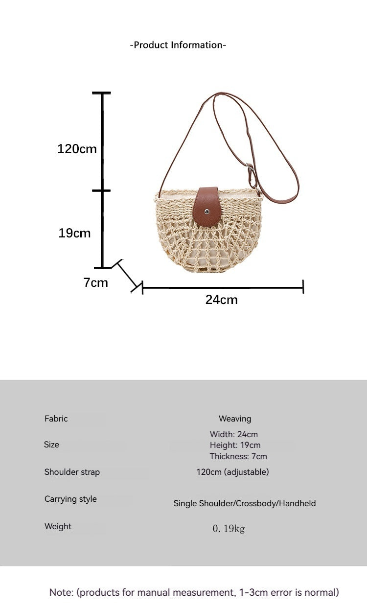 New Woven Half Round Hollow Straw Fresh Shoulder Crossbody Beach Bag