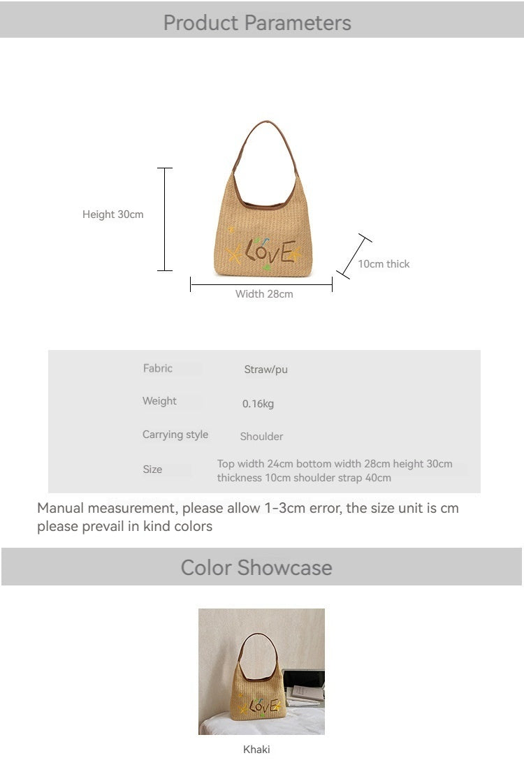 Women Korean Letter Woven Straw 2026 New Relaxed Large Beach Shoulder Tote Bag