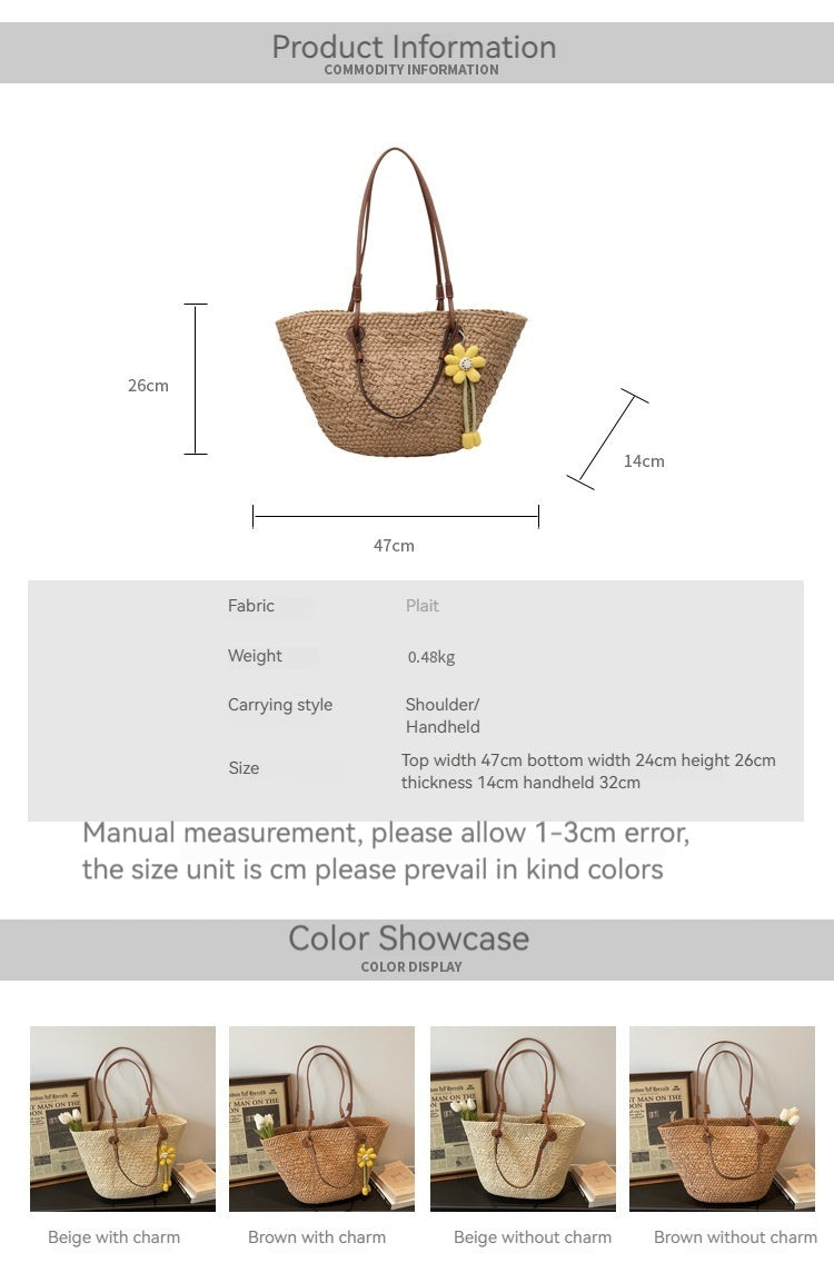 Women Beach Woven Handheld 2026 Spring New Large Shoulder Straw Tote Bag