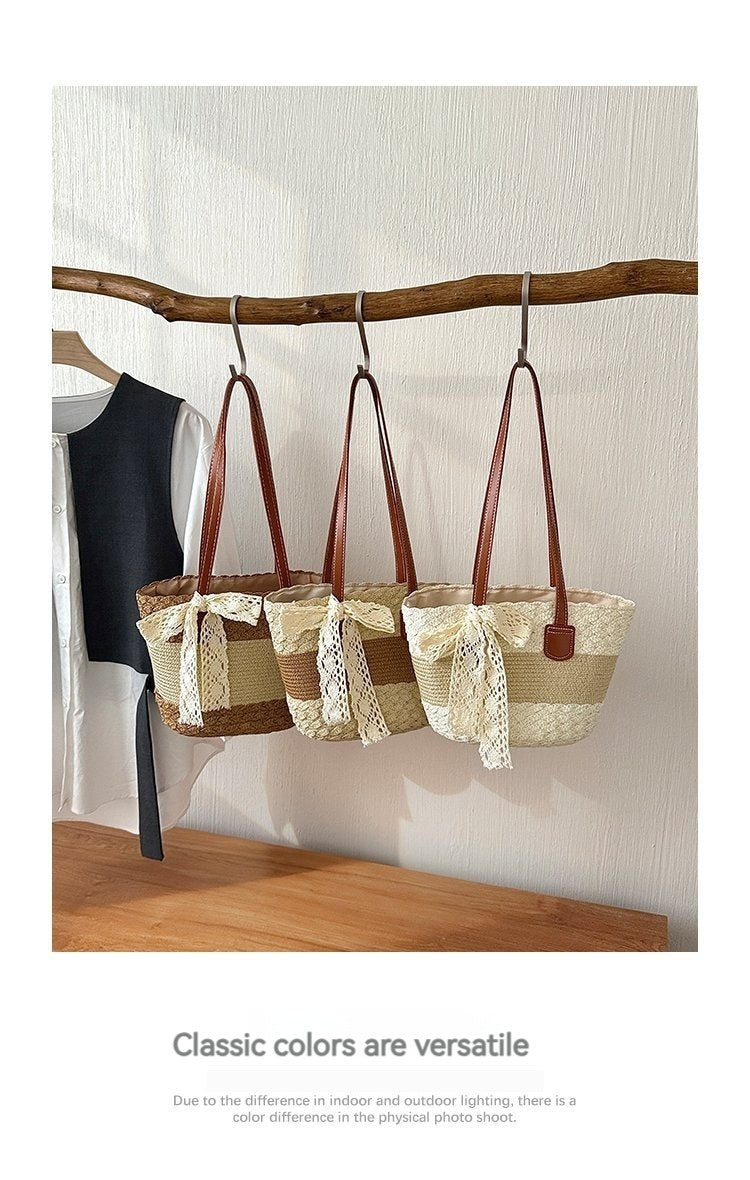 Artistic Vacation Fashion Shoulder Beach 2026 New Color Block Underarm Woven Straw Bag