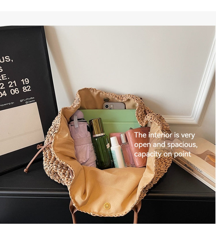 Women 2026 New Shoulder Straw Large Handmade Woven Beach Daily Bag