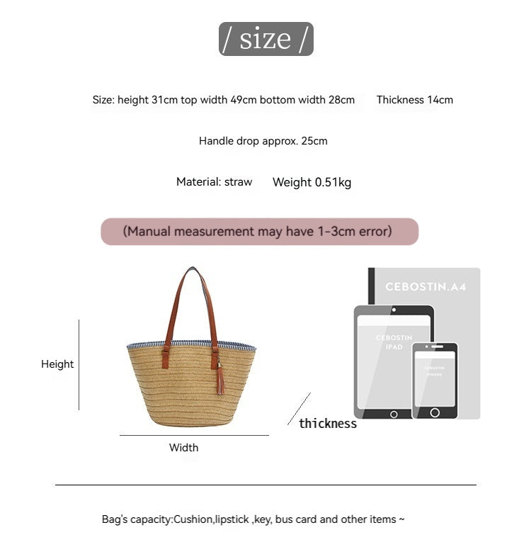 Minimalist Straw Large Handbag Unique Travel Vacation Shoulder Tote Bag