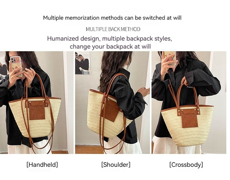 Women Travel Vacation Straw 2026 Summer New Fashion Woven Handheld Large Tote Bag