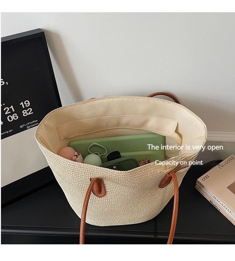 Women Trendy Shoulder Straw New Large Woven Beach Handheld Tote Bag