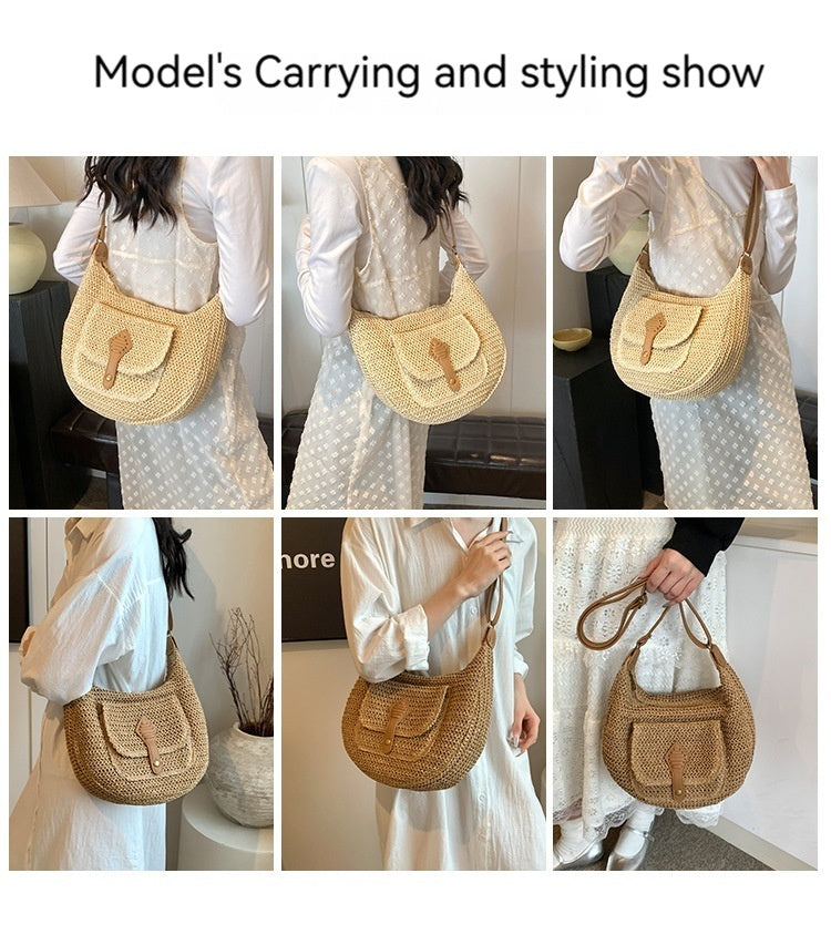 Women Casual Vacation Straw 2026 Summer New Versatile Shoulder Underarm Saddle Large Beach Bag
