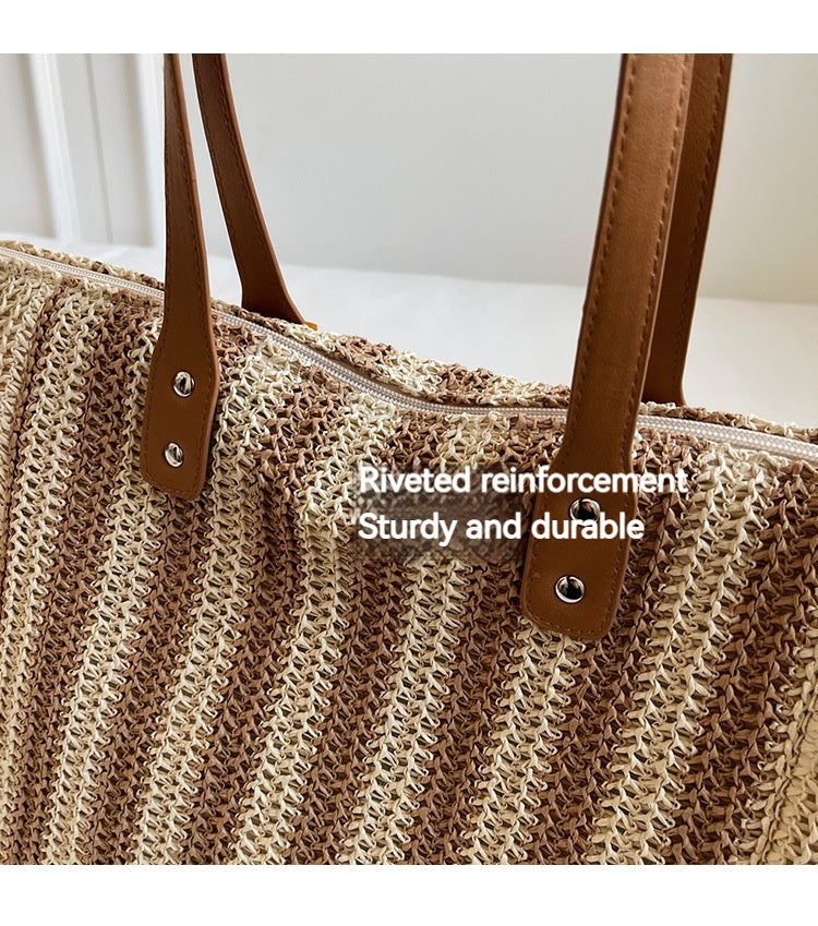 Women Fabric Straw Woven Tote 2026 New Leather Strap Summer Premium Bag