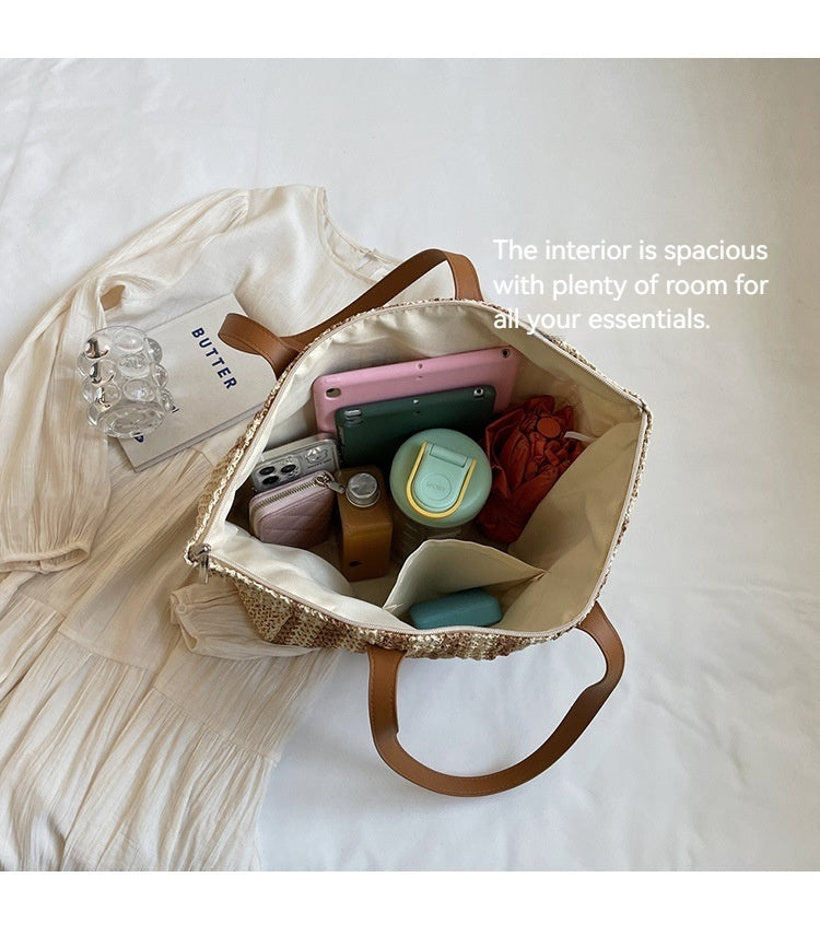 Women Fabric Straw Woven Tote 2026 New Leather Strap Summer Premium Bag