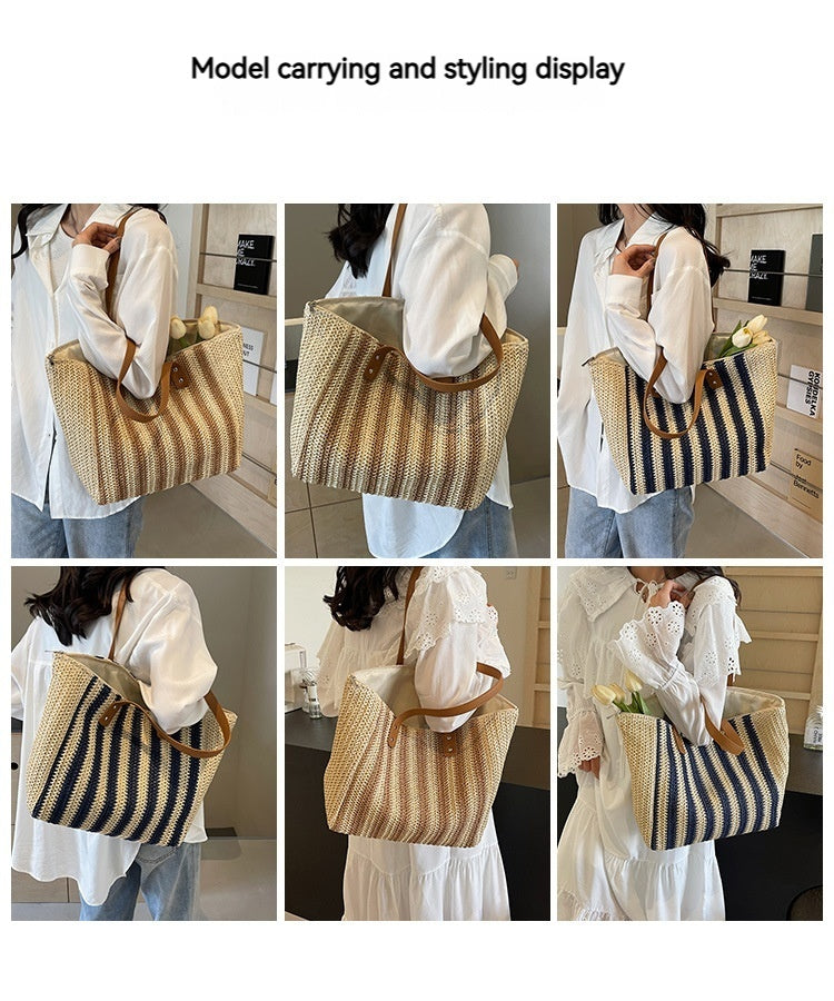 Women Fabric Straw Woven Tote 2026 New Leather Strap Summer Premium Bag