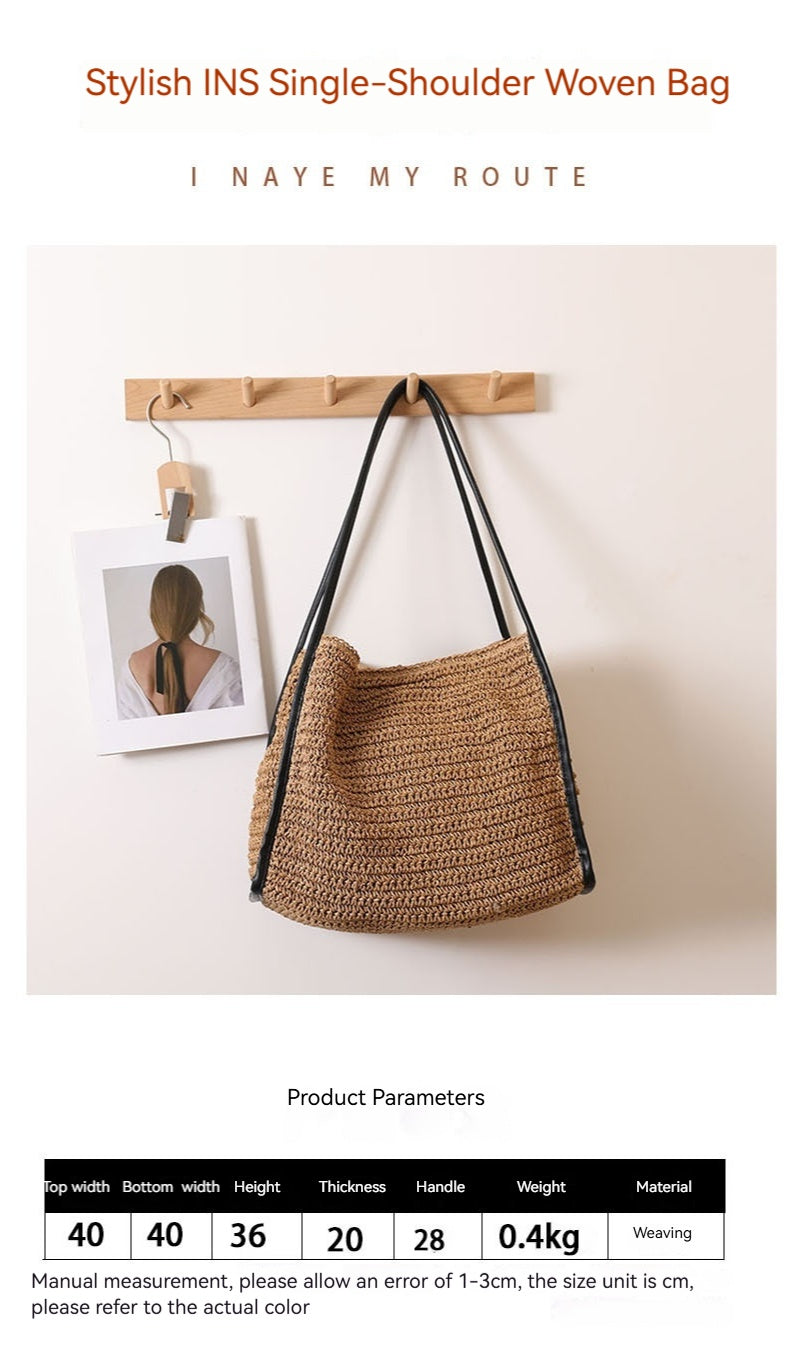 Women Large Shoulder Straw New Square Solid Woven Beach Bag