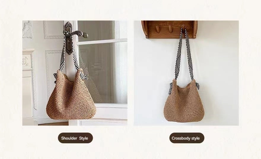 Women Korean Striped Straw 2026 New Solid Shoulder Vacation Bag