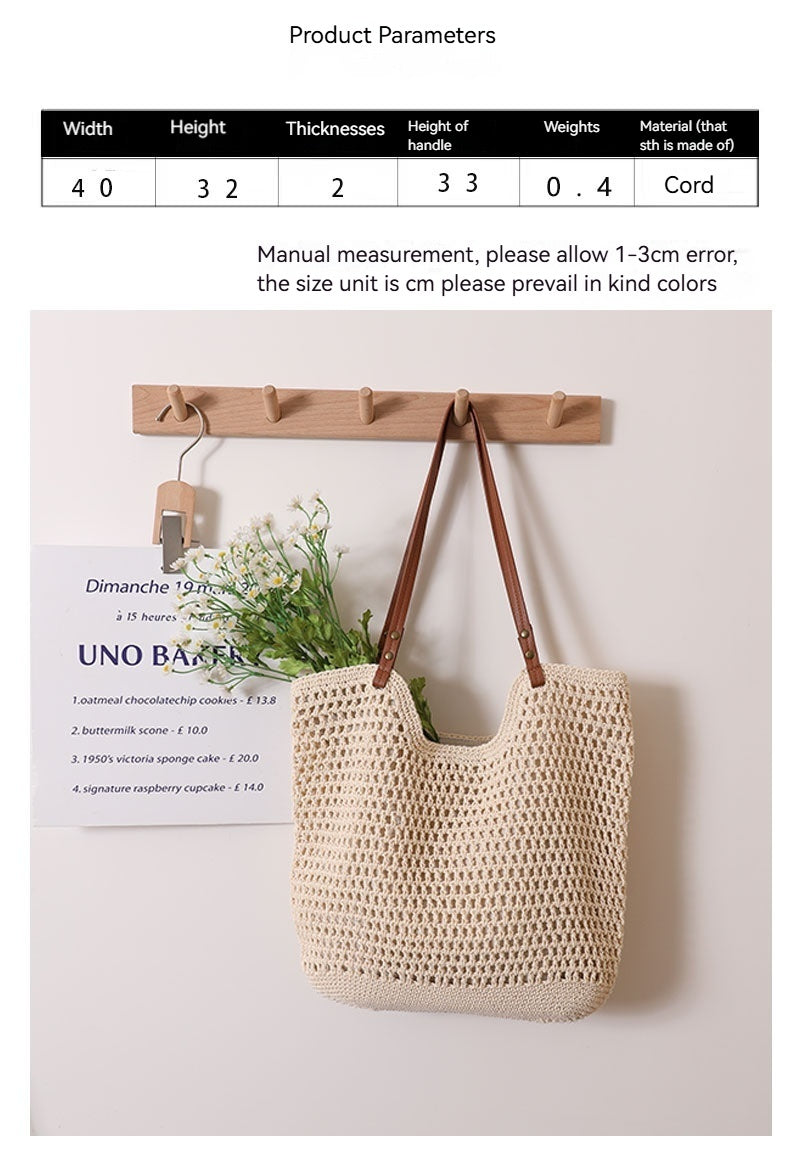 Women Casual Hollow Shoulder Cotton Woven New Lazy Handheld Beach Bag