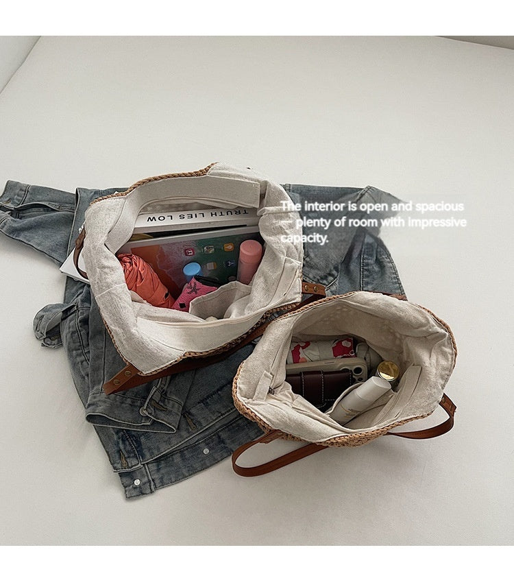 Women Summer New Woven Exquisite Bucket Shoulder Large Straw Bag