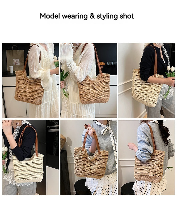 Women Summer New Woven Exquisite Bucket Shoulder Large Straw Bag