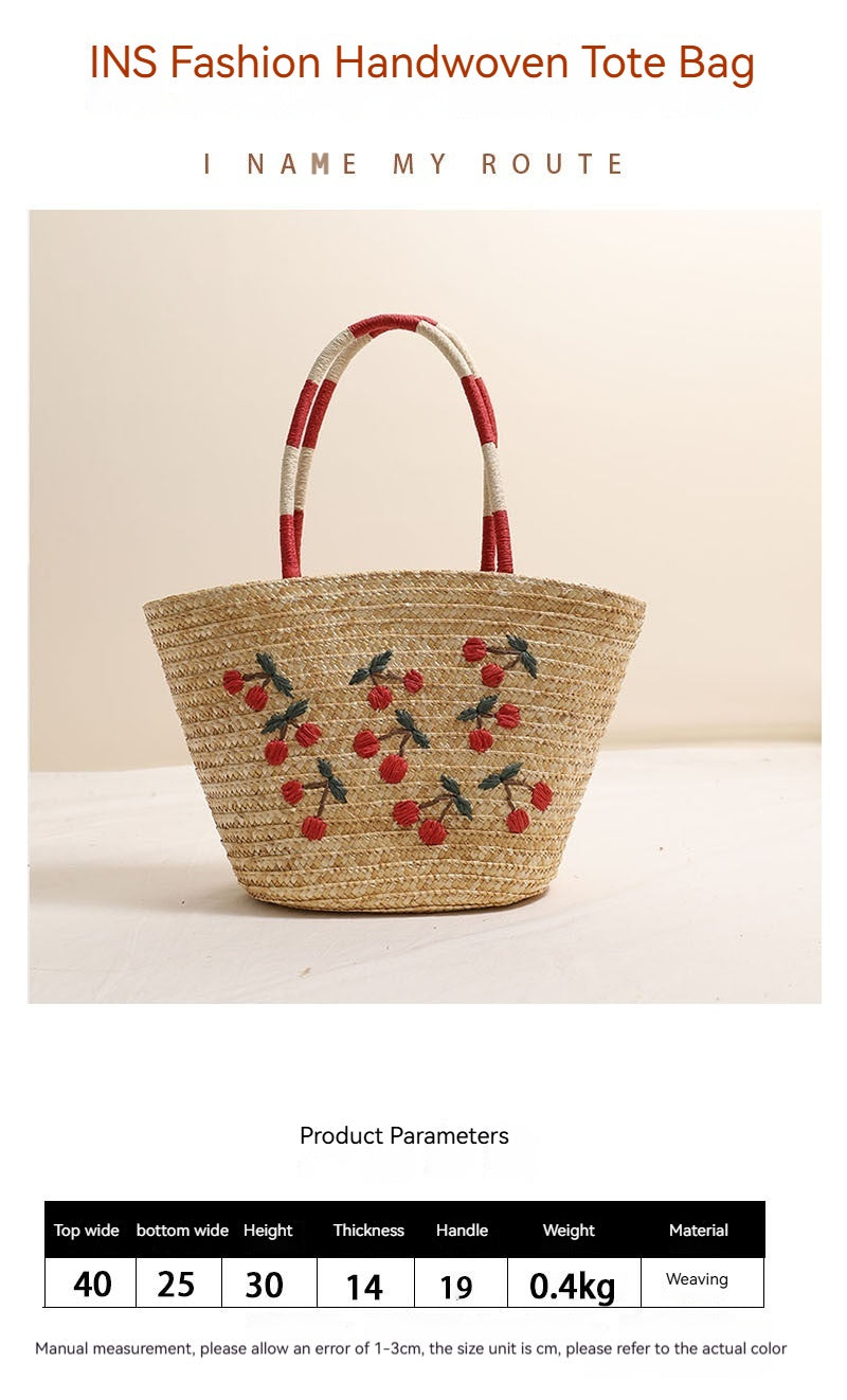 Unique Embroidered Cherry Shoulder Straw New Large Beach Bag