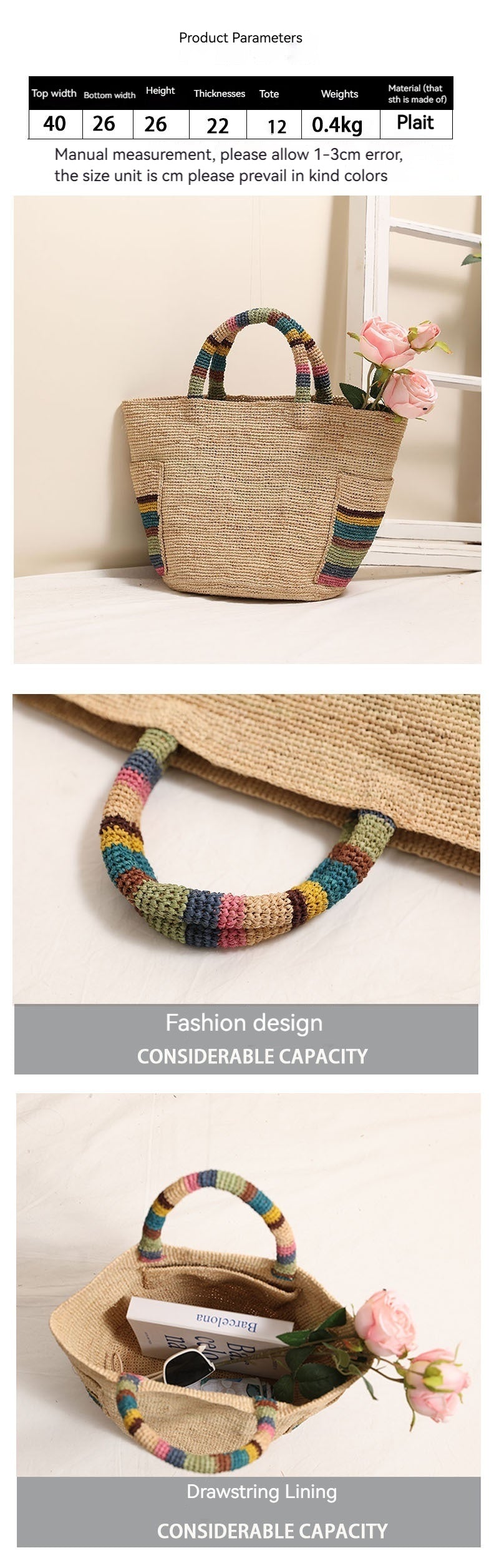 Women Premium Raffia Handheld Straw New Colorful Woven Beach Bag