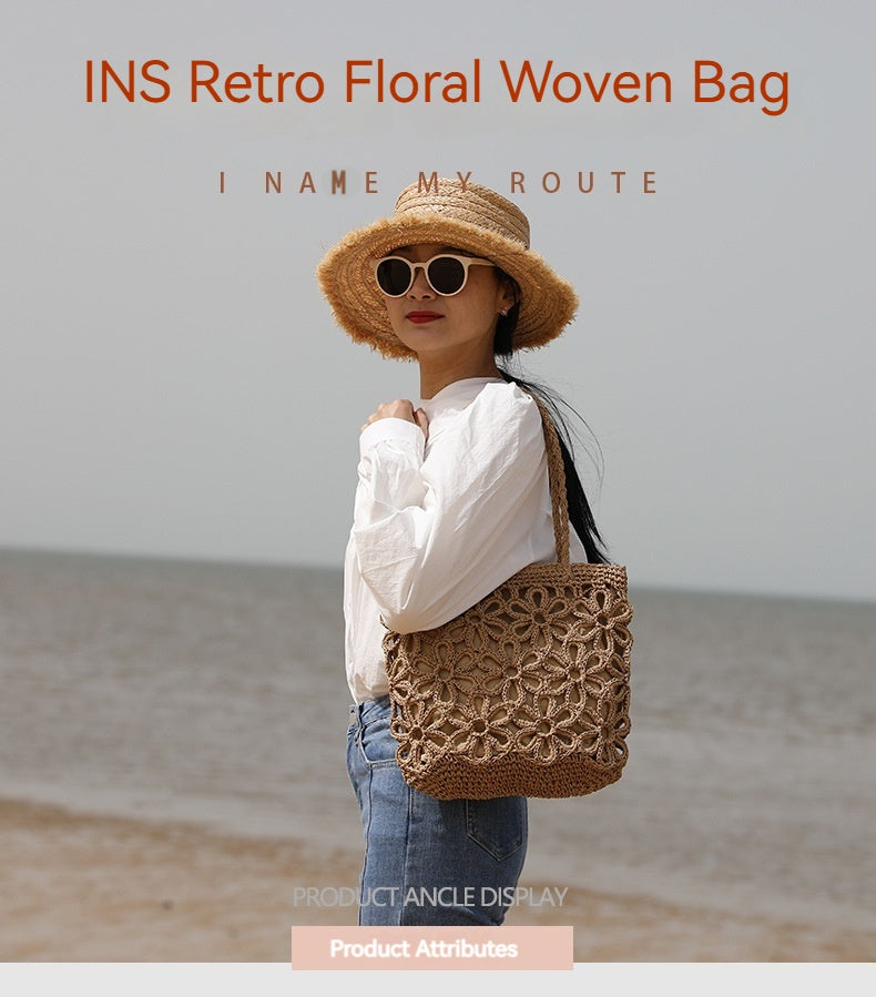 Women New Hollow Floral Straw Woven Shoulder Handheld Beach Bag