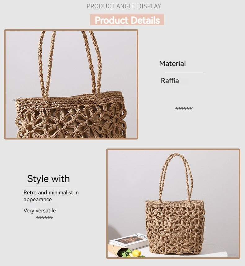 Women New Hollow Floral Straw Woven Shoulder Handheld Beach Bag