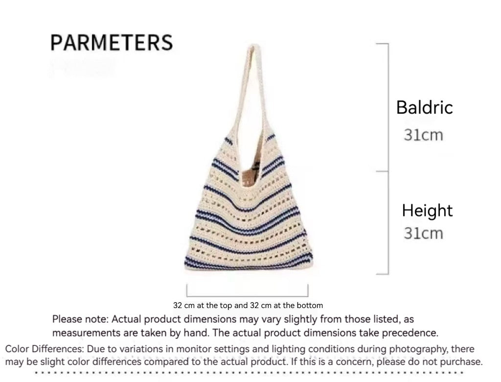 Striped Shoulder Cotton Woven New Large Hollow Straw Beach Bag