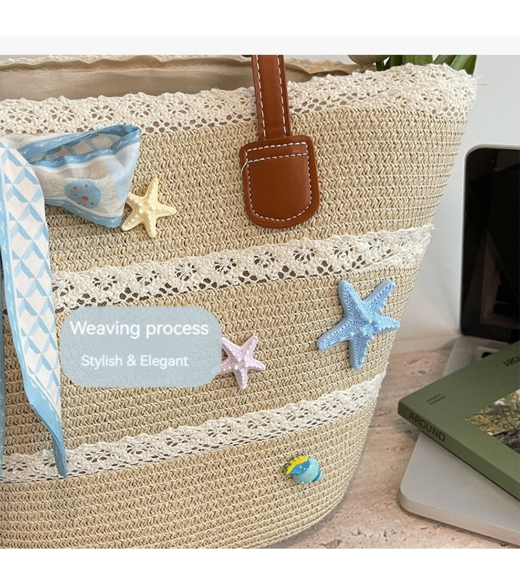 Women New Straw Picnic Woven Beach Handheld Tote Bag