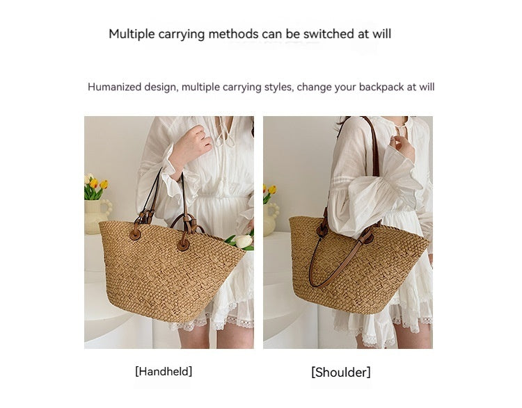 Women Straw Large Minimalist Handmade Woven Handheld Shoulder Beach Bag