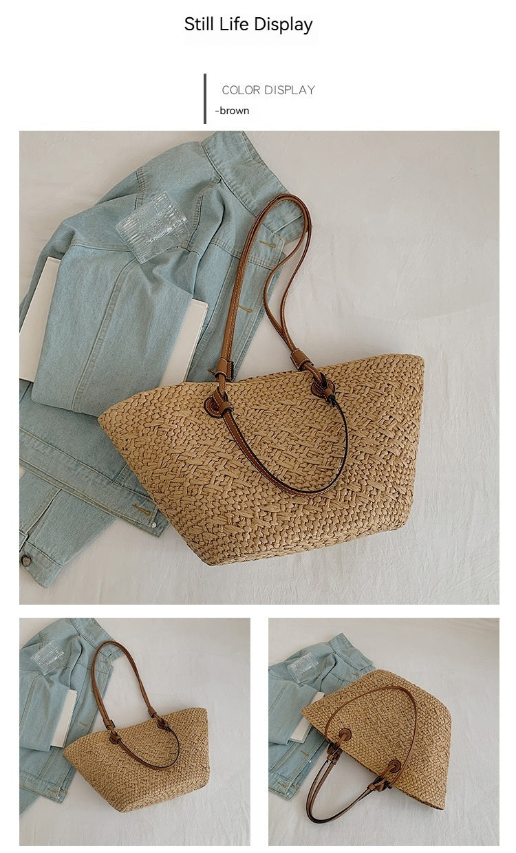 Women Straw Large Minimalist Handmade Woven Handheld Shoulder Beach Bag
