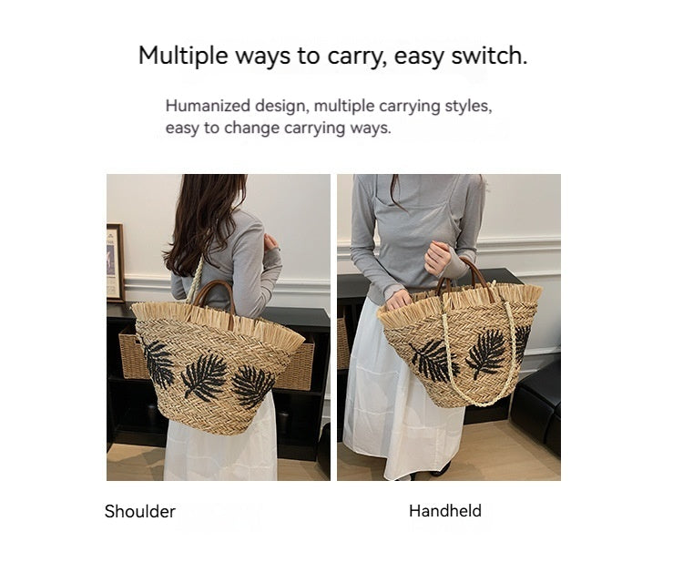 Women Straw Beach Summer Woven Shoulder Handheld Large Tote Bag