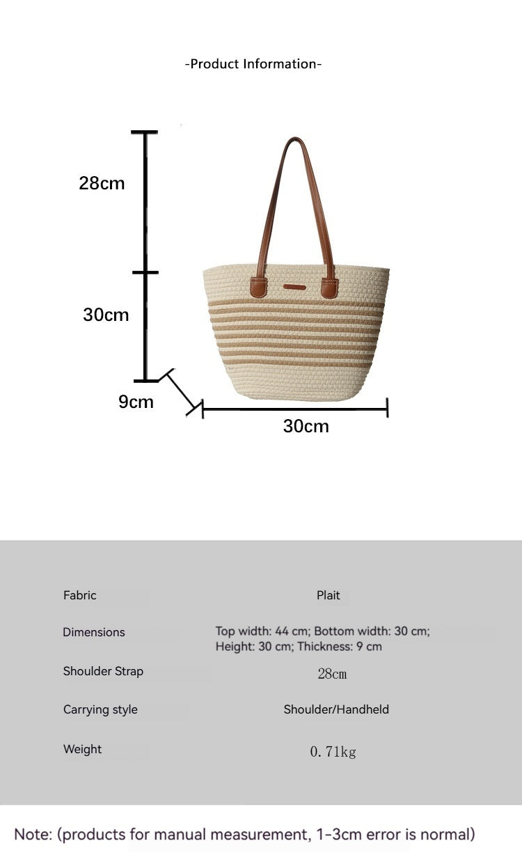 Women Fashion Straw Large Hollow Tote Beach Cotton Handheld Bag