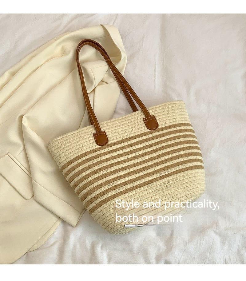 Women Fashion Straw Large Hollow Tote Beach Cotton Handheld Bag