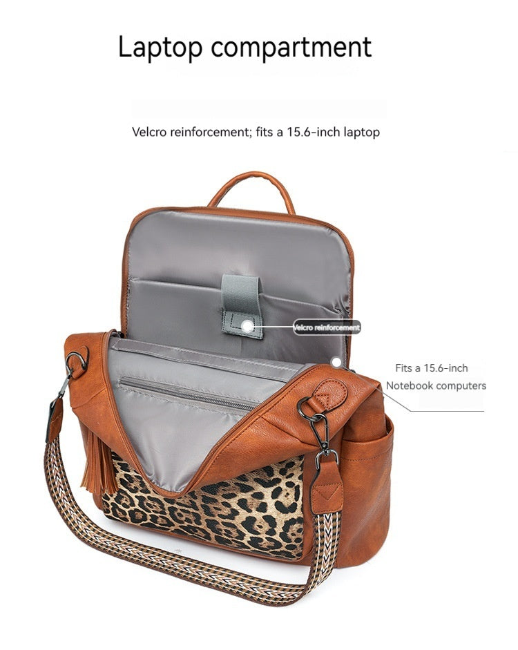 Women New Vintage Leopard Fashion Business Laptop Large Backpack