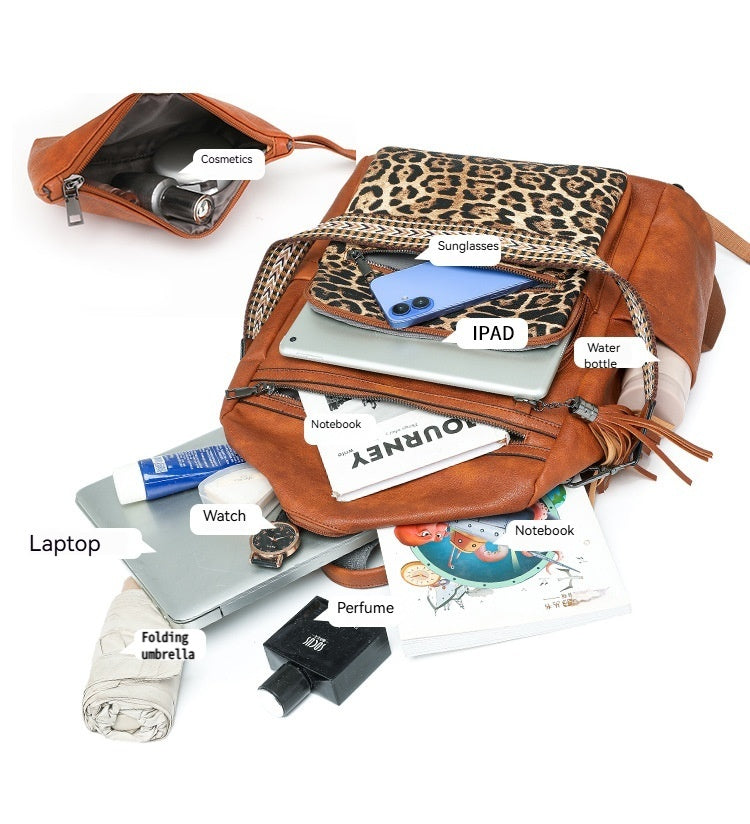 Women New Vintage Leopard Fashion Business Laptop Large Backpack