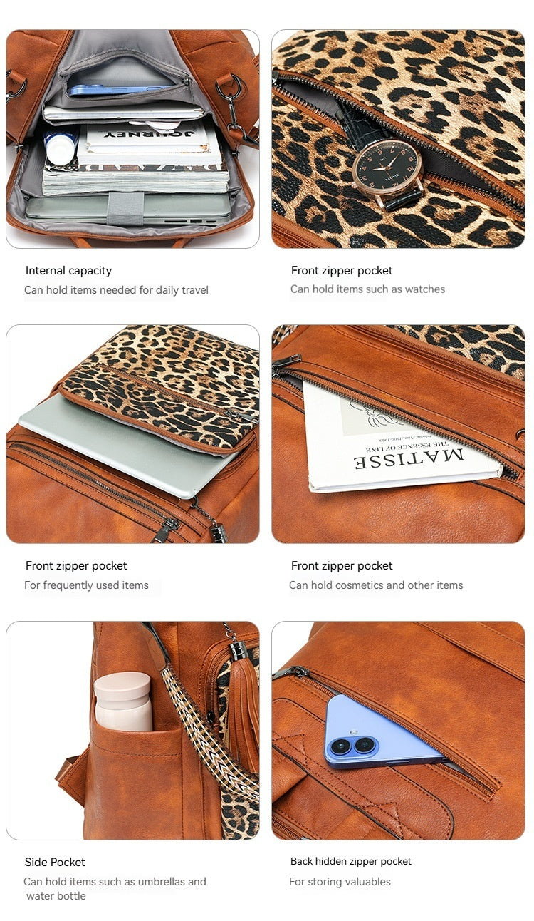 Women New Vintage Leopard Fashion Business Laptop Large Backpack