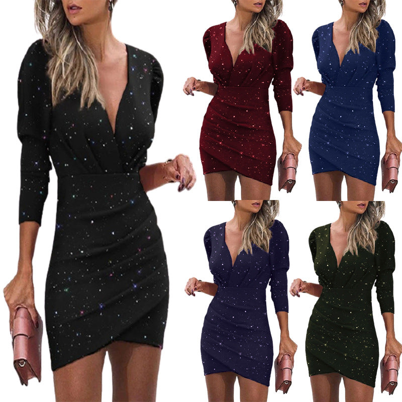 V-Neck Long Sleeve 3D Digital Printing Hip-Hugging Nightclub Dress