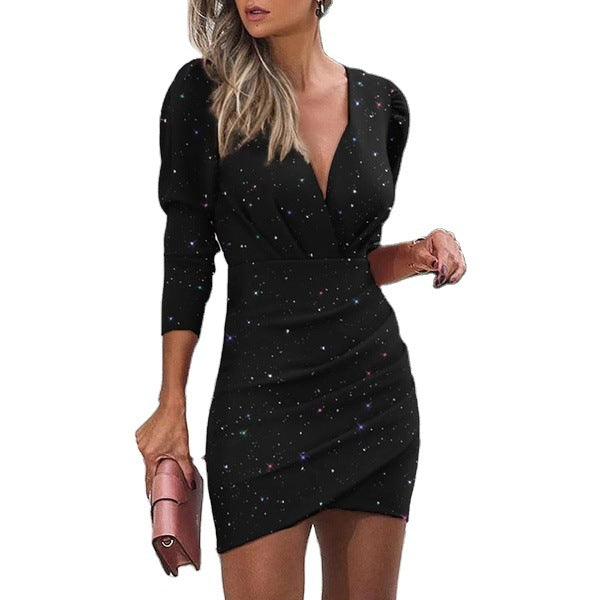 V-Neck Long Sleeve 3D Digital Printing Hip-Hugging Nightclub Dress