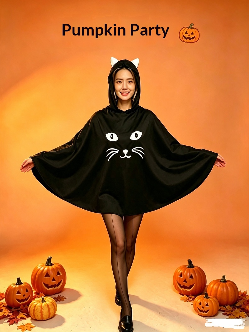Black Cat Hooded Halloween Poncho Costume with Cat Ears