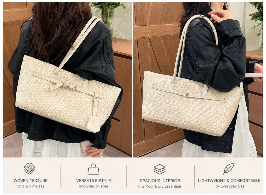 Textured Woven East-West Tote Bag with Belt Buckle Detail