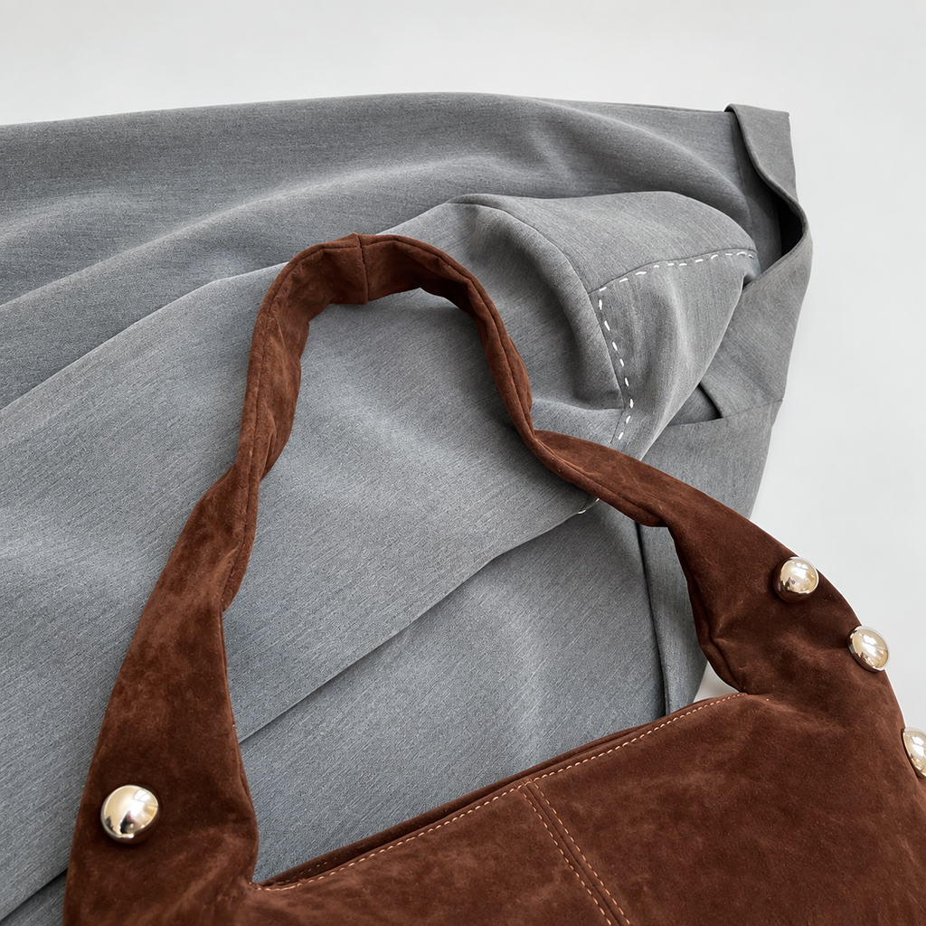 Suede Studded Hobo Shoulder Bag