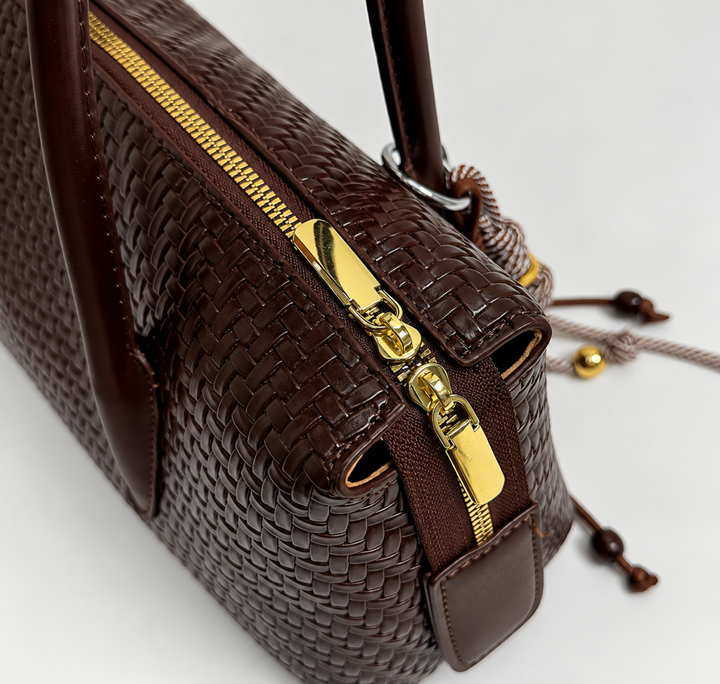 Vintage Woven East-West Shoulder Bag with Charm Detail