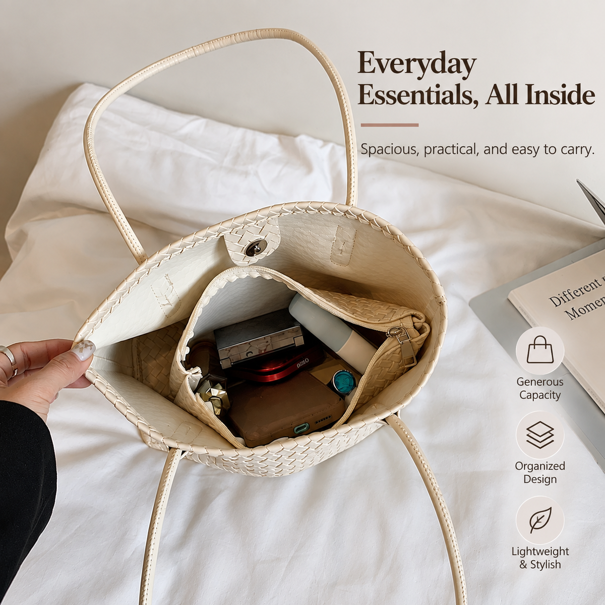 Classic Woven Tote Shoulder Bag with Double Shoulder Straps