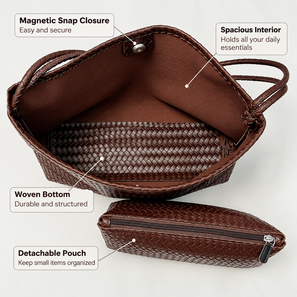 Classic Minimalist Woven Hobo Shoulder Bag with Matching Pouch