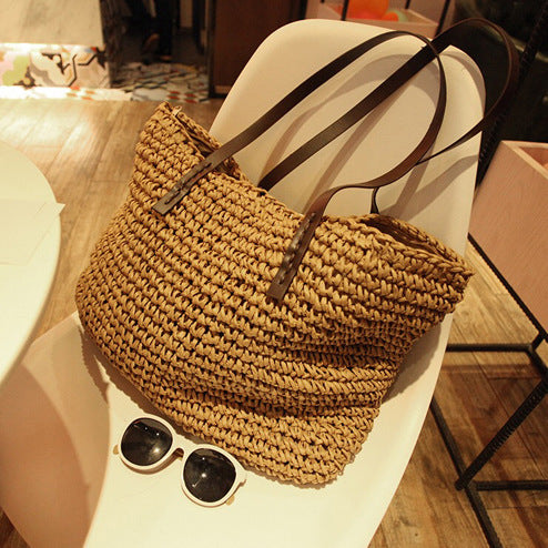 Women  Simple Casual Woven Shoulder Beach Travel Tote Bag