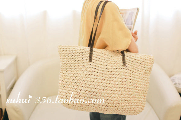 Women  Simple Casual Woven Shoulder Beach Travel Tote Bag