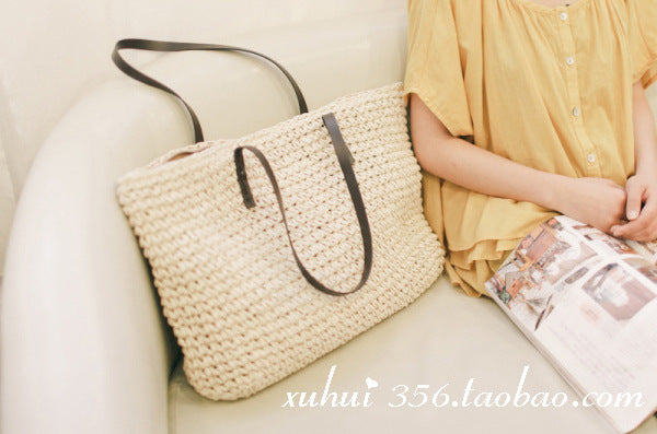 Women  Simple Casual Woven Shoulder Beach Travel Tote Bag