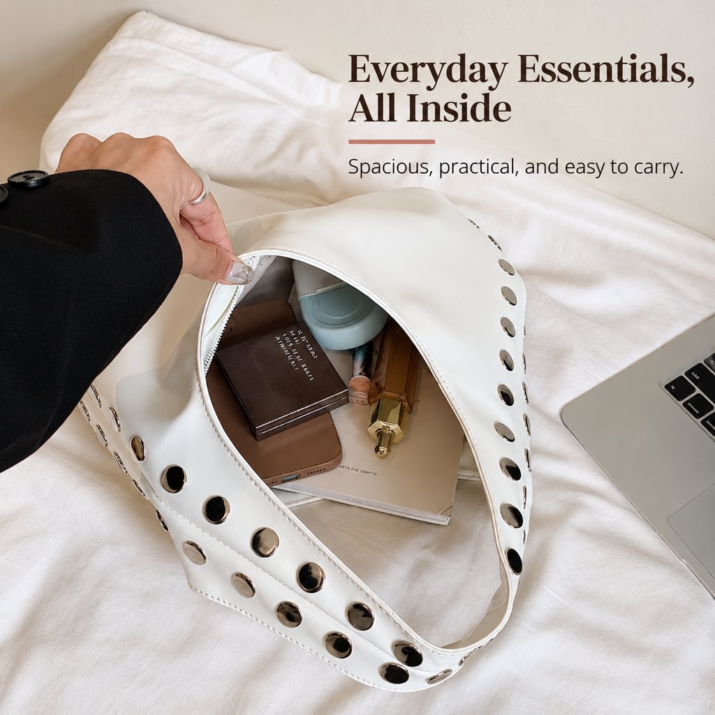 Glossy Hobo Shoulder Bag with Bold Metal Stud Detailing